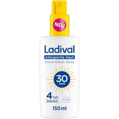 Abbildung von Ladival Allergische Haut Sonnenschutz Spray LSF 30 für den Körper bei Sonnenallergie und Mallorca Akne, wasserfest, mit einzigartigem 4 fach Zellschutz, 150ml