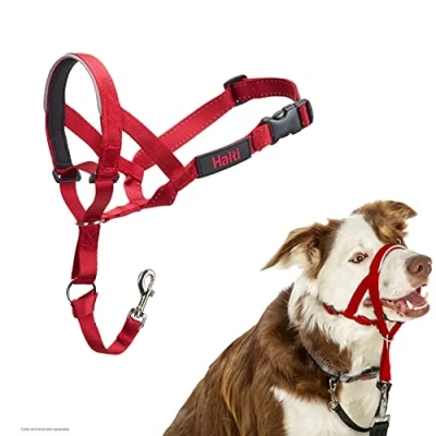 Abbildung von HALTI Kopfgeschirr Verhindert, dass Ihr Hund an der Leine zieht, Einfache Anpassung, Leicht, mit gepolstertem Nasenriemen, Anti Zug Halsband für mittelgroße Hunde (Größe 2, Rot)