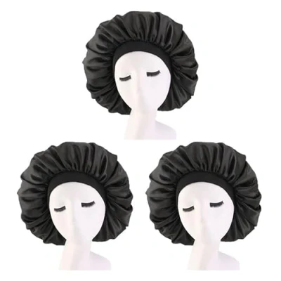 Abbildung von DEPHNARSA 3PCS Extra Large Sleep Cap Jumbo Satin Bonnet with Comfort Elastic Band (A Black 3PK)