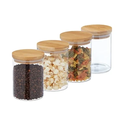 Abbildung von Relaxdays Vorratsgläser mit Bambusdeckel, 4er Set, kleine Vorratsdosen aus Glas, 750 ml, luftdicht, transparent/natur, 14 x 10 cm