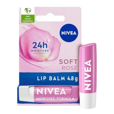 Abbildung von NIVEA Soft Rose Lip Balm (4,8 g), Lippenbalsam mit Sheabutter, natürlichen Ölen und Vitaminen, die Lippenpflege bietet 24h tiefe Feuchtigkeit betont Rosé