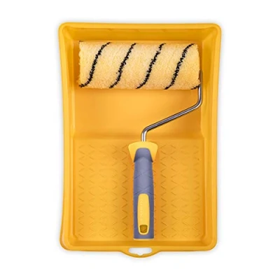 Abbildung von HARDY WORKING TOOLS Maler Set, Farbrolle, Farbwanne, Schutzfolie und Farbwalzen aus Polyester, Florhöhe 13mm, Länge 18cm, Durchmesse 48mm, gelb schwarz grau, A0180 523000