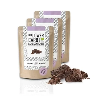 Abbildung von 3er Lower Carb Brownie Backmischung bio, glutenfrei, keto Diät, für Backform, Muffin, Schokoladenkuchen Mandelmehl laktosefreie lowercarb lebensmittel, zuckerfreie Schokolade*, Organic Workout