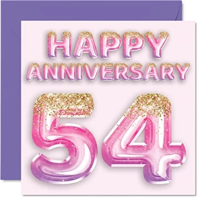 Abbildung von Hübsche Karte zum 54. Hochzeitstag für Ehefrau, Freundin, Ehemann, Freund, rosa lila Glitzerballons Happy 54 Jahrestagskarten aus der Familie, 145 mm x Grußkarten fünfzig Jahrestage