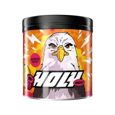 Abbildung von HOLY Energy Gaming Booster &#039;Raspberry Raptor&#039; mit Himbeer &amp; Yuzo Geschmack Pulver 50 Portionen NewCaff Grüntee Extrakt Focus Drink Vegan 100% natürlichen Fruchtaromen