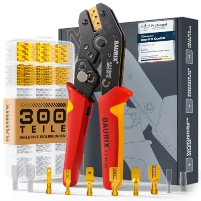 Abbildung von BAURIX Crimpzange inkl. 300 Stück Flachsteckhülsen Set I, Krimpzange für 0,50 2,50 mm² Steckverbinder I tlg., Crimpzangen Tool, Crimp Zange, Flachsteckhülsenzange, Crimpwerkzeug
