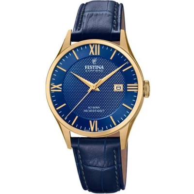 Abbildung von Festina Uhr Für Herren F20010/3 Swiss Made Gold Edelstahl Case BlauLeder Band