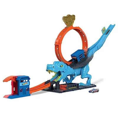 Abbildung von Hot Wheels City T Rex Angriff Geschicklickheit durch genaues Timing, Polizeiwache, Looping, Dinosaurier, Kreuz Augen, für Kinder ab 4 Jahren, HNP77