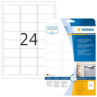 Abbildung von HERMA 9532 Wetterfeste Folienetiketten, 320 Blatt, 63,5 x 33,9 mm, 24 pro A4 Bogen, 7680 Stück, selbstklebend, bedruckbar, matt, blanko Outdoor Klebeetiketten Aufkleber aus Polyethylen, weiß