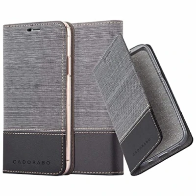 Abbildung von Cadorabo Hülle kompatibel mit Apple iPhone 13 PRO aus Premium Jeans und Kunst Leder Flip Klappbare Stoßfeste Magnetische [Standfunktion] [Kartenfächern] Cover für Tasche in Grau