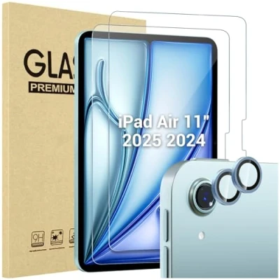 Abbildung von ProCase 2 Stück Schutzfolie für iPad Air 11&quot; 2024 M2 + Pack Kamera Objektivschutz passend zu Farben, 9H gehärtetes Schutzglas Blau