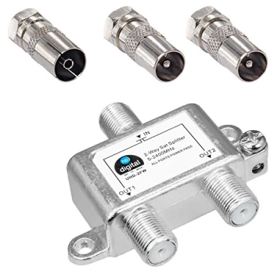 Abbildung von HB digital SAT BK UKW Verteiler 2 Fach Splitter (2 Wege) 5 2400 MHz &amp; analog tauglich voll geschirmt DVB S S2 Kabelfernsehen C inkl. Antennen und Kabel IEC Adapter