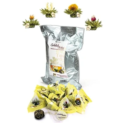 Abbildung von Creano Teeblumen 36 Teekugeln im Tassenformat, Teelini weißer Tee Großpackung, Erblühtee Bulkpack, Teerosen, Blooming Tea, Flowering Tea