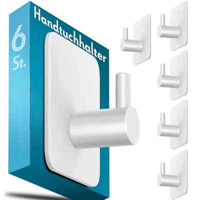 Abbildung von Menz Handtuchhalter ohne Bohren, 6 Stück, weiß Edelstahl Badezimmer Handtuchhalter, wasserfeste Klebehaken, langlebige Haken fürs Bad, selbstklebend, ideal als funktionale Handtuchhaken