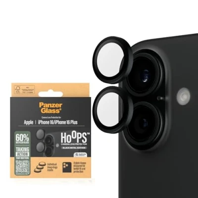 Abbildung von PanzerGlass® Hoops Kameralinsenschutz für Apple iPhone 16 Plus aus Keramikglas Schutz mit Stil, Kratzfest, stoßfest, schwarzer Aluminiumrahmen Montagehilfe einfache Installation