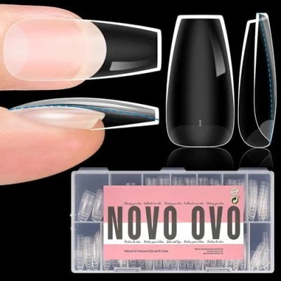 Abbildung von NOVO OVO Extra dicke Nagelspitzen zum Aufdrücken, medium Coffin soft gel nail tips thick, natürliche Kurve, mittlere, vollständige Abdeckung, künstliche Nägel für Acryl French 14 Größen, 336 Stück