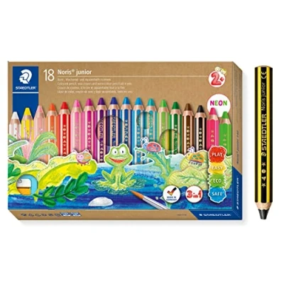 Abbildung von STAEDTLER 3in1 Buntstifte und Kinder Bleistift Noris junior, Bunt , Wachsmal Aquarellstift, sehr dicke Mine, extra bruchsicher, ideal für Kinder, 18 Farben, Spitzer Bleistift, 140 C18P1X