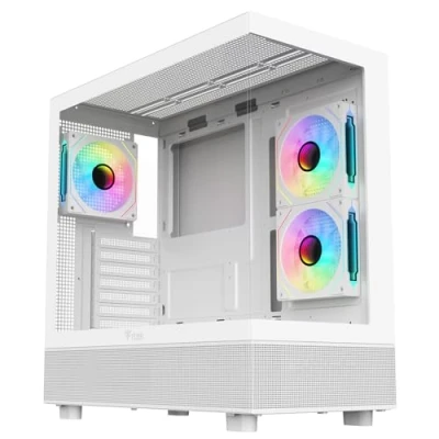 Abbildung von Itek Gehäuse SHOWBUI 42W Gaming Tower, ATX, mit 3 12 cm ARGB Lüftern, 2 USB3 Anschlüssen, 1 Typ C Anschluss, Seite und Vorderseite aus gehärtetem Glas. Weiße Ausgabe