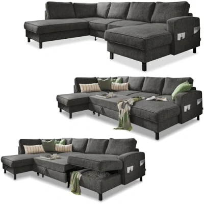 Abbildung von MIUFORM Wohnlandschaft U Form, Couch Grau Ecksofa mit Schlaffunktion und Bettkasten, Sofa Form Schlaffunktion, Big XXL (Links)