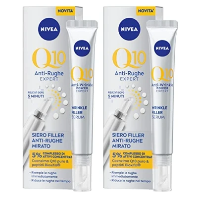 Abbildung von Nivea Q10 Anti Falten Serum Füllstoff Gesichts Expert Formel mit 5% aktiven Konzentraten und Peptiden Bioxifill Wirkung, feuchtigkeitsspendend, glättend, straffend, Alter, 3 Flaschen à 15 ml