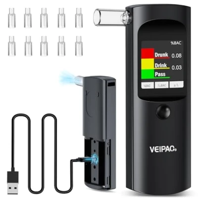 Abbildung von Alkoholtester Polizeigenau Alkoholtest Promillemessgerät: Tragbarer Alcohol Tester Promilletester mit 11 Mundstücken Digitaler Alkotester Hohe Genauigkeit für Persönlichen Gebrauch Sensor Schwarz