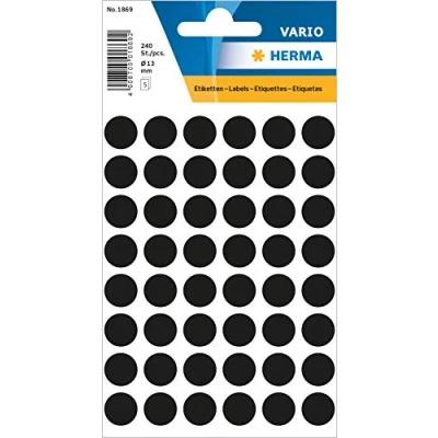 Abbildung von HERMA 1869 Punktaufkleber Klebepunkte schwarz, 240 Stück, Ø 13 mm, 48 pro Bogen, selbstklebend, Markierungspunkte für Kalender Planer Basteln, matt, blanko Papier Farbpunkte Etiketten Aufkleber