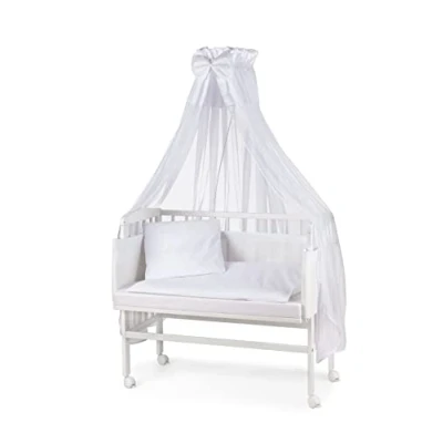 Abbildung von WALDIN Beistellbett mit Matratze und Stoffen, höhen verstellbar, 16 Modelle wählbar, Buche Massiv Holz weiß lackiert,Große Liegefläche 90x55cm,