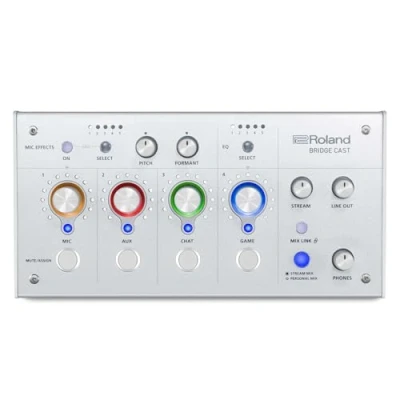 Abbildung von Roland BRIDGE CAST Dual Bus Gaming Mixer in Ice White Professionelles Audio Streaming Interface und für Online Gamer 32 Bit Hardware DSP USB C Verbindung Windows Mac