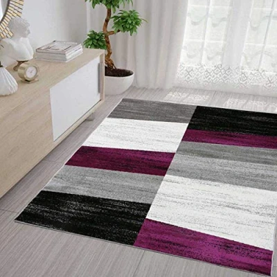 Abbildung von VIMODA Teppich Geometrisches Kachel Muster Meliert kariert in Lila Grau Weiß und Schwarz, Maße:80x250 cm