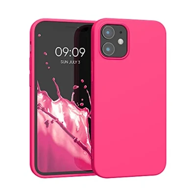 Abbildung von kwmobile Hülle kompatibel mit Apple iPhone 12 Mini weiches TPU Silikon Case Cover geeignet für kabelloses Laden Neon Pink
