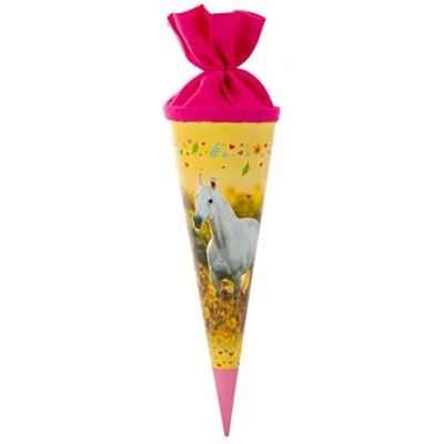 Abbildung von goldbuch 93 117 Geschwistertüte Chiara, Schultüte in Gelb mit Pferd als Motiv, Länge 35 cm, Durchmesser 11,5 Zuckertüte für Jungen und Mädchen, Geschenktüte aus Lackkarton Filzverschluss