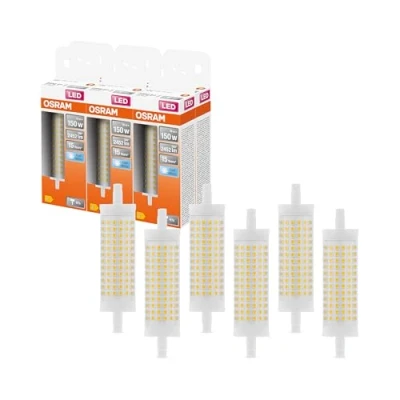 Abbildung von Osram LED Line multicolor Lampe mit R7s Retrofit Sockel, 19 W / 2452 lm, klar, kaltweißes Licht 4000 K, nicht dimmbar. IP20, bleifreies Glas, 28 mm Durchmesser, 6 Pack