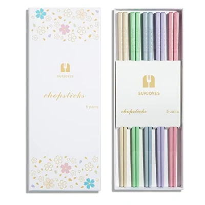 Abbildung von SUPJOYES 5 Paar Fiberglas Essstäbchen, Buntes Wiederverwendbare Japanische Essstäbchen Spülmaschinenfest, 24 cm, Kirschblüte Mustern, rutschfeste Stäbchen