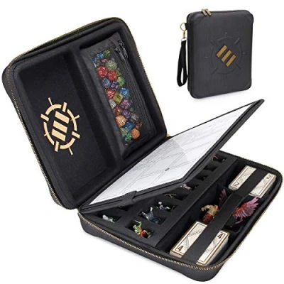Abbildung von ENHANCE RPG Organizer Etui DND Ordner mit integriertem Charakterbogenhalter, Würfelrollbereich, herausnehmbarer Stifttasche, Miniatur Schaumstoffablage (Schwarz)
