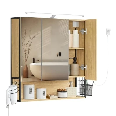 Abbildung von VASAGLE Badezimmerschrank mit 3 Türen, Spiegelschrank, Wandschrank, Stecker, Hängekorb, Haartrockner Halter, viel Stauraum, für Badezimmer, Waschbecken, natureichenfarben BBK124Y01