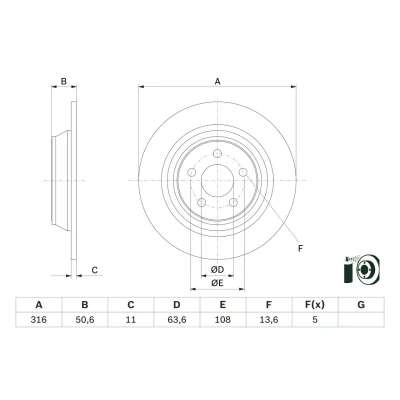 Abbildung von BOSCH 0 986 479 E82 Bremsscheibe 316 11 5 108 voll beschichtet FORD: Mondeo Kombi