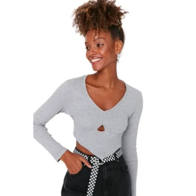 Abbildung von Trendyol Damen Strickbluse mit V Ausschnitt Hemd, grau, Large