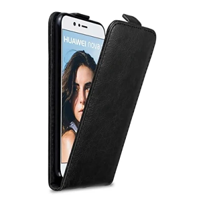 Abbildung von Cadorabo Hülle kompatibel mit Huawei NOVA 2 Flip Design aus Premium Kunst Leder Klappbare Stoßfeste Magnetische Cover für Tasche in Schwarz
