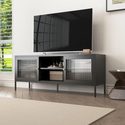 Abbildung von Coemo Sideboard Tokio, Schwarz TV Schrank Metall Glastür Lowboard Fernsehtisch Breite 150 cm