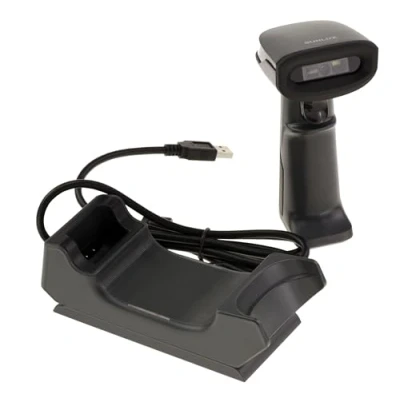 Abbildung von KALEA INFORMATIQUE Handheld Scanner 1D Barcode Leser Typ EAN und 2D Codes QR Code. Kabellos, 100 m Reichweite, wiederaufladbarer Akku, auf Sockel.