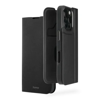 Abbildung von Hama Handyhülle für iPhone 16 Pro (Handytasche, Etui mit Kartenfach, Kunstleder, Metallelemente, Standfunktion, extra Schutz von Display und Kamera, Magnet, Klapphülle, recycelt) schwarz