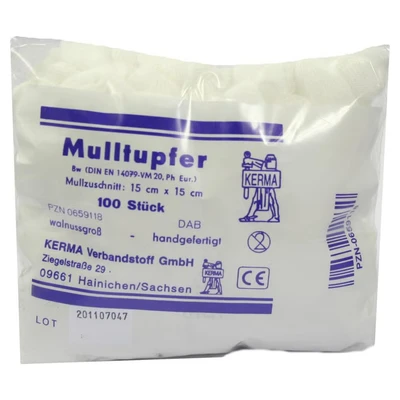 Abbildung von Mulltupfer 15x15 cm walnussgroß unsteril 100 St