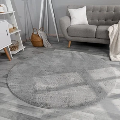 Abbildung von TT Home Wohnzimmer Teppich Hochflor Langflor Kunstfell Weich Modern Unifarben Flauschig, Farbe: Anthrazit, Größe:200 cm Rund