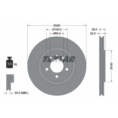 Abbildung von TEXTAR 92057100 Bremsscheibe 280 22 05/06 100 außenbelüftet ohne Radbefestigungsbolzen, Radnabe VOLKSWAGEN: Corrado, GOLF 3, Passat B3/B4 Variant