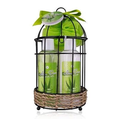 Abbildung von Accentra Duschset Frauen Geschenkset ALOE VERA in wunderschönem Drahtkorb 5 teiliges Pflegeset mit Duschgel, Bodylotion, Badesalz &amp; Schaumbad Wellness Geschenk Set zum Geburtstag, Valentinstag