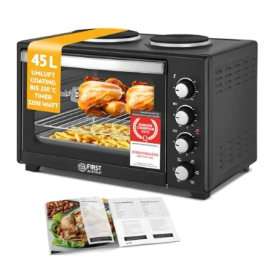 Abbildung von TZS FIRST AUSTRIA Minibackofen mit Kochplatten, 45L, 3200W, Mini Backofen Umluft, Pizzaofen, max 230C, Backblech, Drehspieß, Grillrost, Innenbeleuchtung