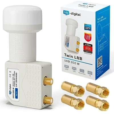 Abbildung von hb Digital Twin LNB (Test SEHR GUT *) LNC Kopf 2 Teilnehmer Direkt LTE Protected Satelliten Sat Full HD TV 3D 4K UHD Kontakte vergoldet Wetterschutz Weiß White + 4X F Kompressionsstecker