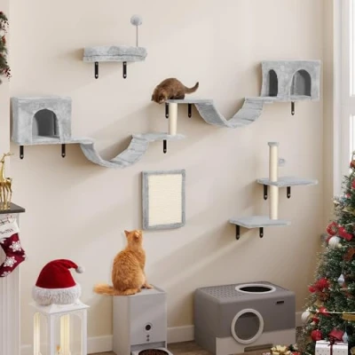 Abbildung von YITAHOME 8 PCS Katzenkletterwand Set, Stabiles Plüsch Klettergerät für Katzen, Katzenklettergerüst Spieltürme mit Kratzbäumen, Katzenhaus, Katzenbrücke, Katzentreppe und Hängeball, Hellgrau