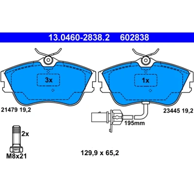 Abbildung von ATE 13.0460 2838.2 Bremsbelagsatz inkl. Verschleißwarnkontakt mit Bremssattelschrauben VOLKSWAGEN: TRANSPORTER 4 Kastenwagen, Bus