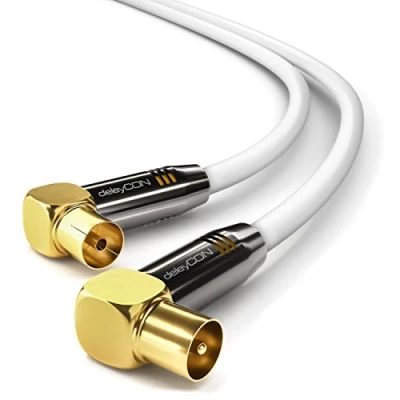 Abbildung von deleyCON 1m TV Antennenkabel HDTV Full HD 2x gewinkelt Koaxialkabel Stecker (90 Grad) zu Buchse Metallstecker Weiß